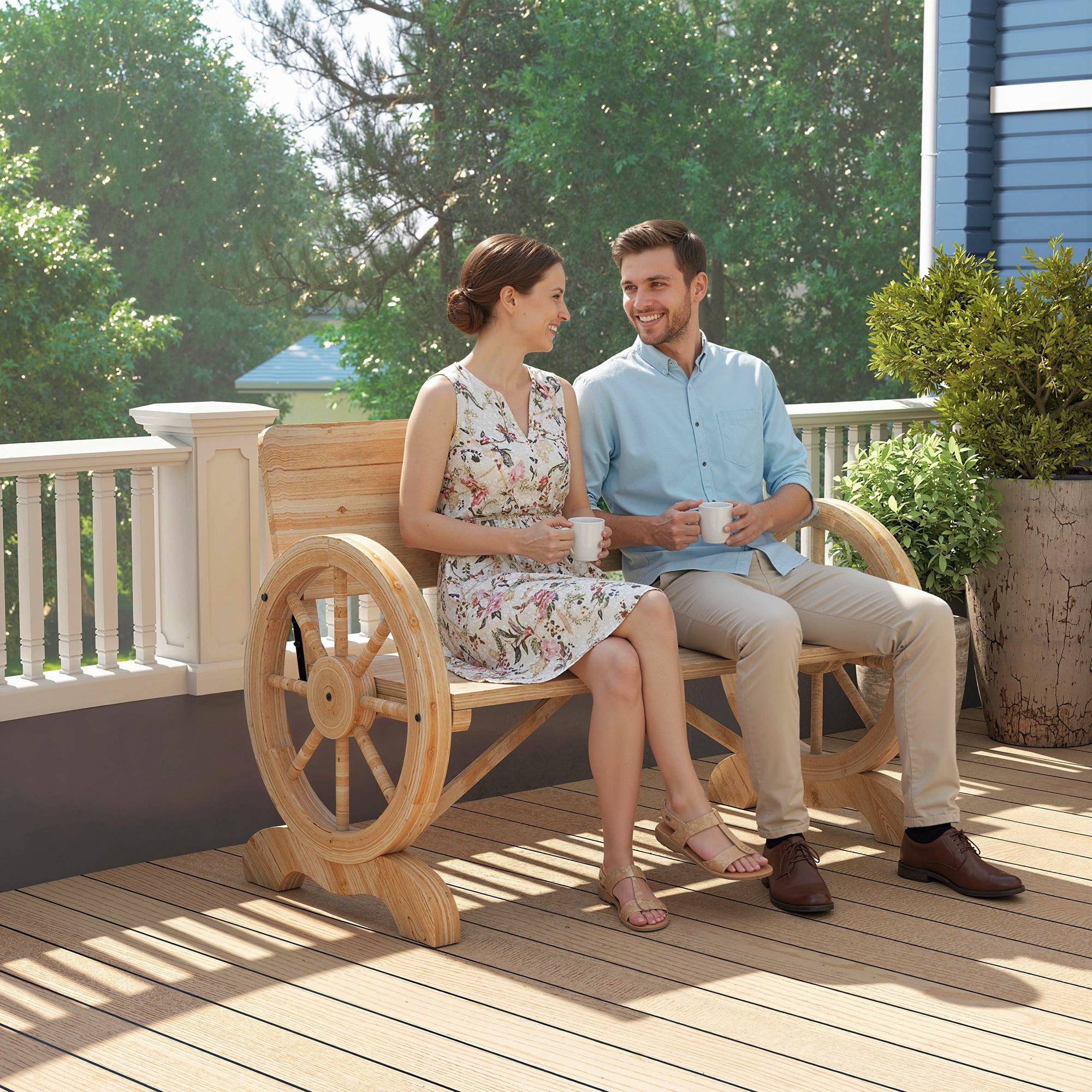 Outsunny Fir Wood 2-Seater Outdoor Garden Wagon Wheel Bench, Natural Wood Finish 