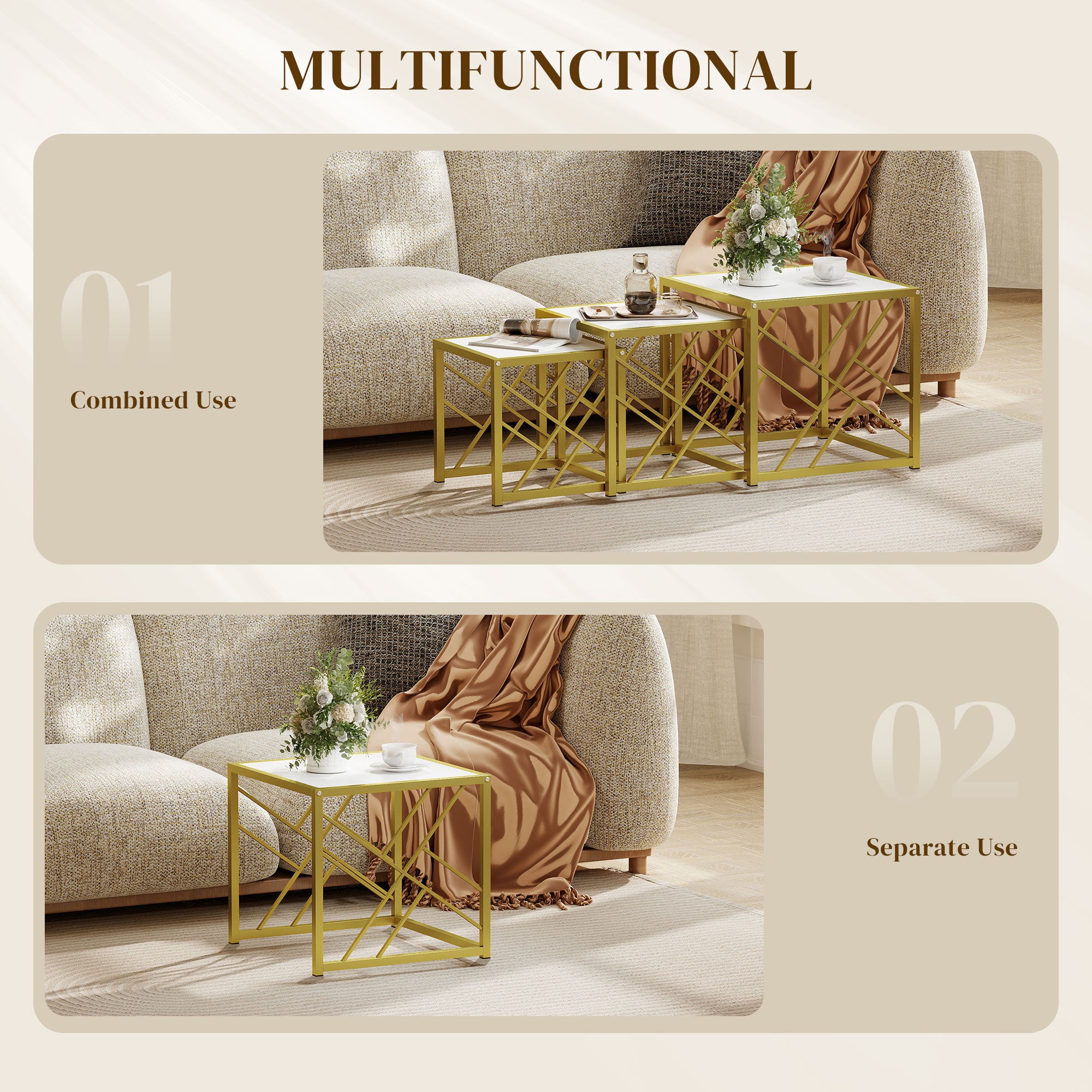 HOMCOM Nesting Coffee Tables, Set of 3 Square Side Tables with Black Metal Frame, for Living Room, Bedroom and Office, White 