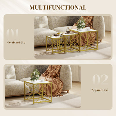 HOMCOM Nesting Coffee Tables, Set of 3 Square Side Tables with Black Metal Frame, for Living Room, Bedroom and Office, White 