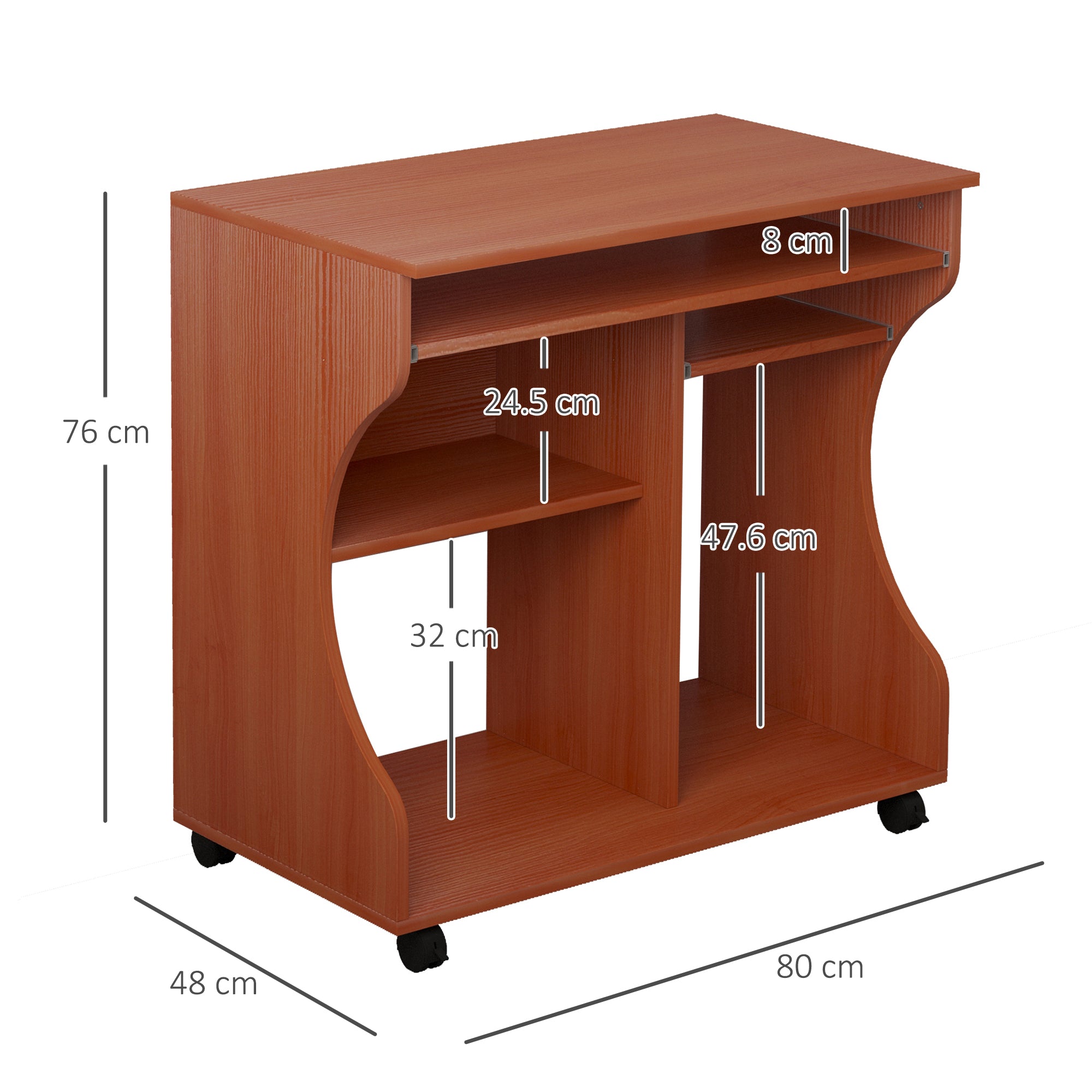 HOMCOM Multi-Storage Compact Work Desk, with Wheels - Cherry Wood Colour 