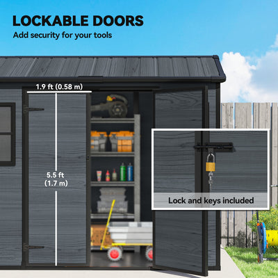 Outsunny 8 x 4 ft Resin Garden Shed, Wood-Effect Outdoor Storage Shed with Floor, Windows, Lockable Doors and Vents, Dark Grey 