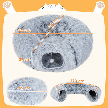 PawHut 2-in-1 Donut Cat Tunnel with Washable Bed, Play Tunnel Bed with Toy Ball and Door Hole for Indoor Cats, Light Grey
