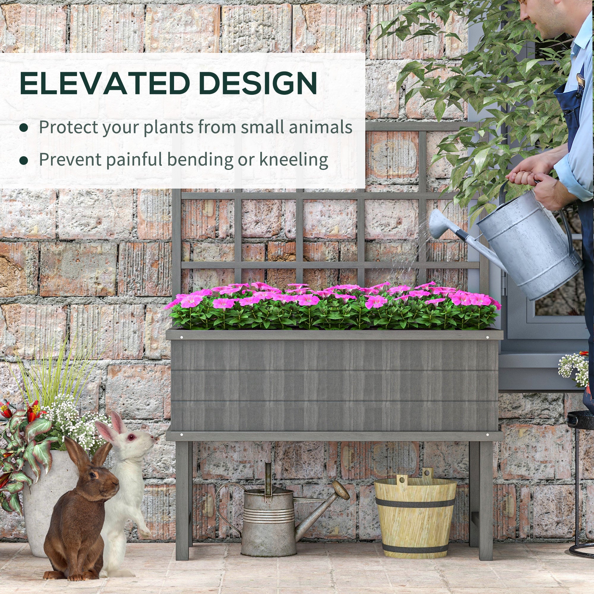 Outsunny 45 x 105cm Wooden Garden Planter, with Trellis - Grey