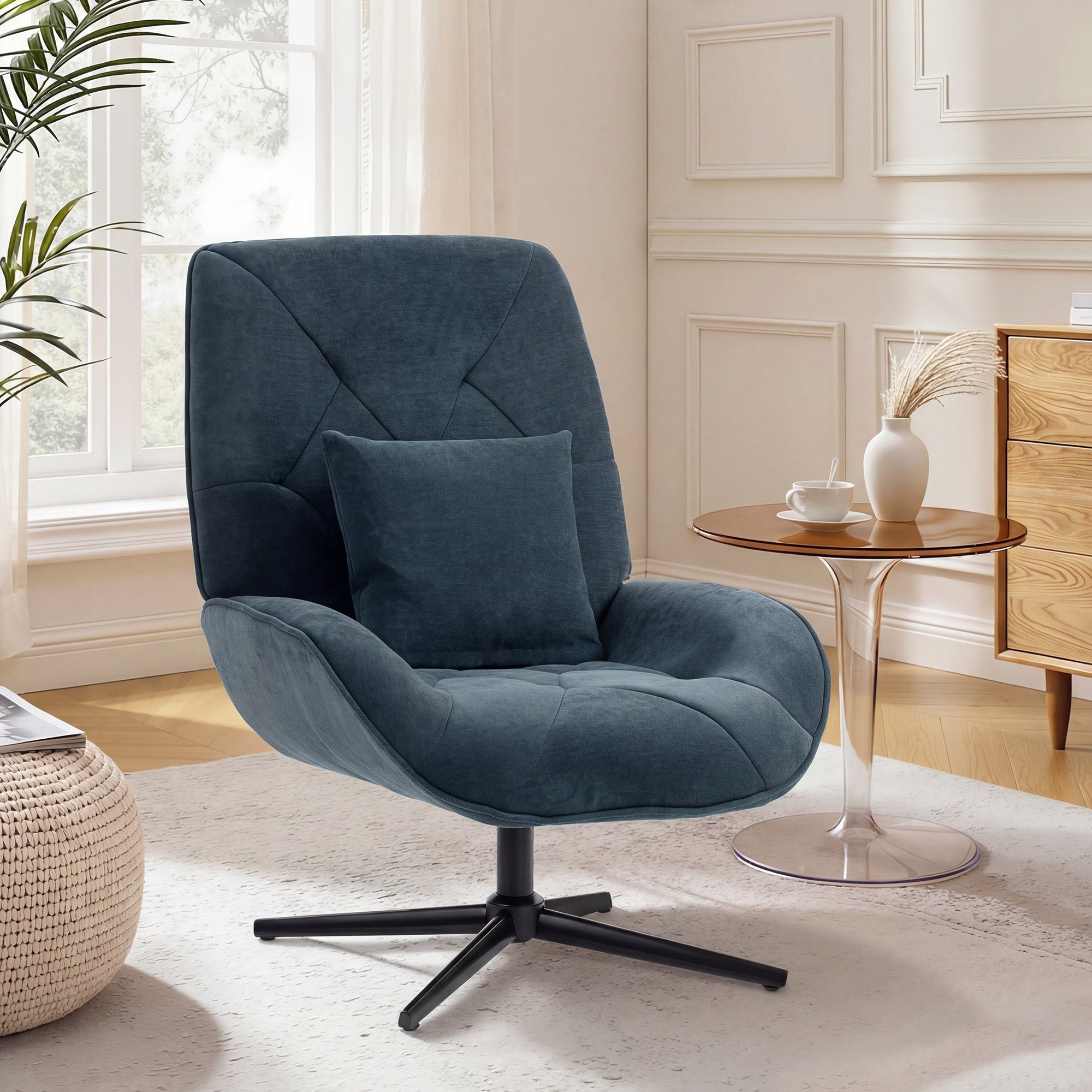 HOMCOM Accent Chair, Chenille Upholstered Swivel Armchair with Lumbar Pillow, High Back, Deep Seat and Metal Legs, Dark Green 