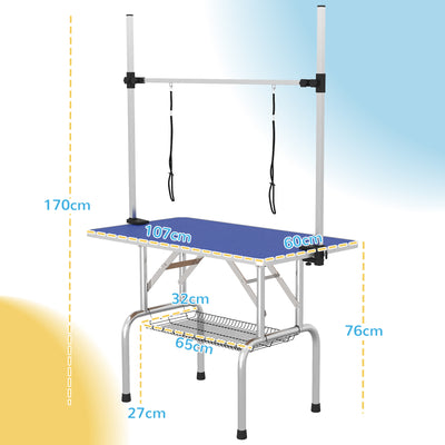 PawHut 42" Dog Grooming Table, Adjustable Pet Cat Drying Beauty Table with 2 Loops Storage Basket, Rubber Top, Blue 