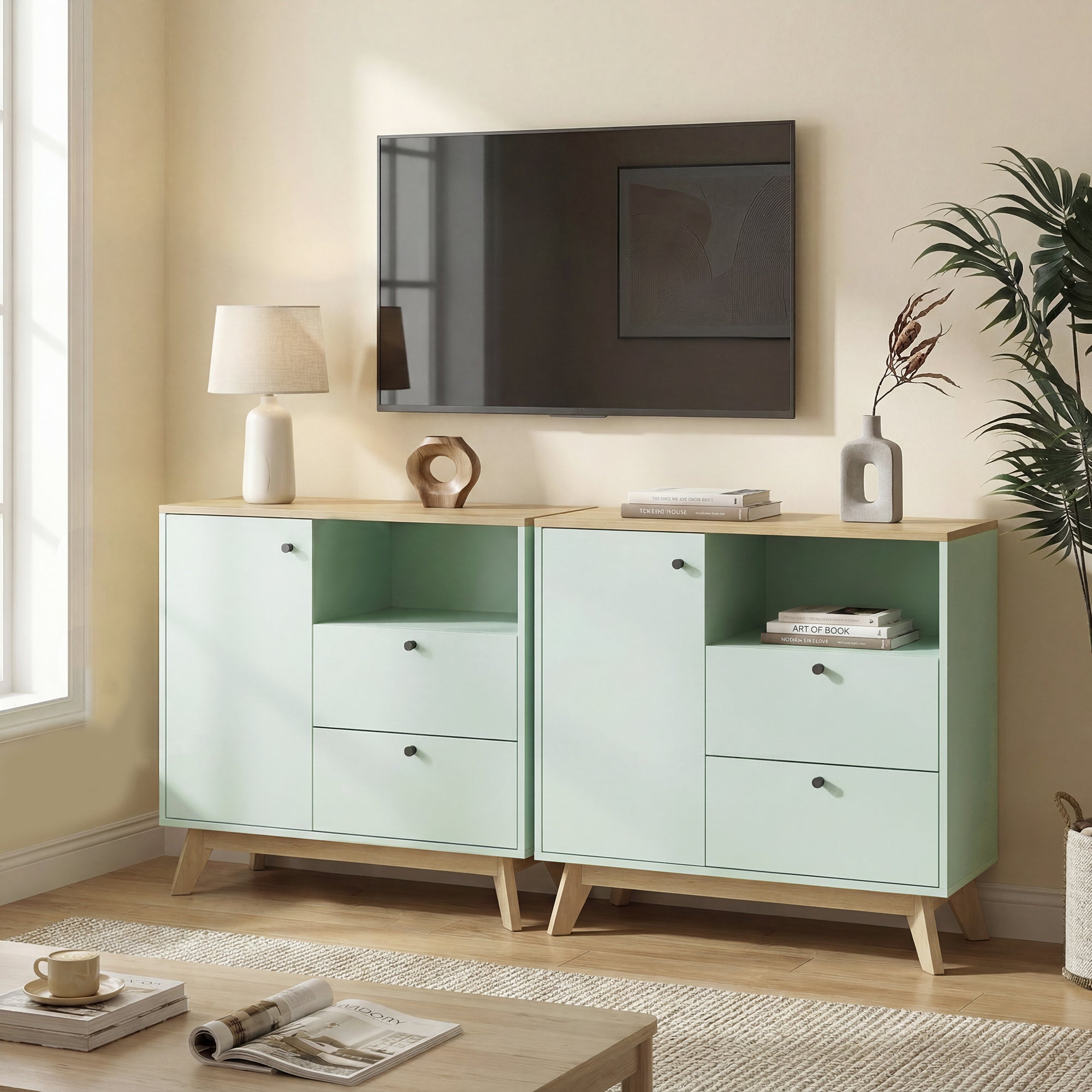 HOMCOM Sideboard Storage Cabinet, 80 cm Buffet Cabinet with 2 Drawers, Open Compartment, Adjustable Shelf, Light Green and Oak 