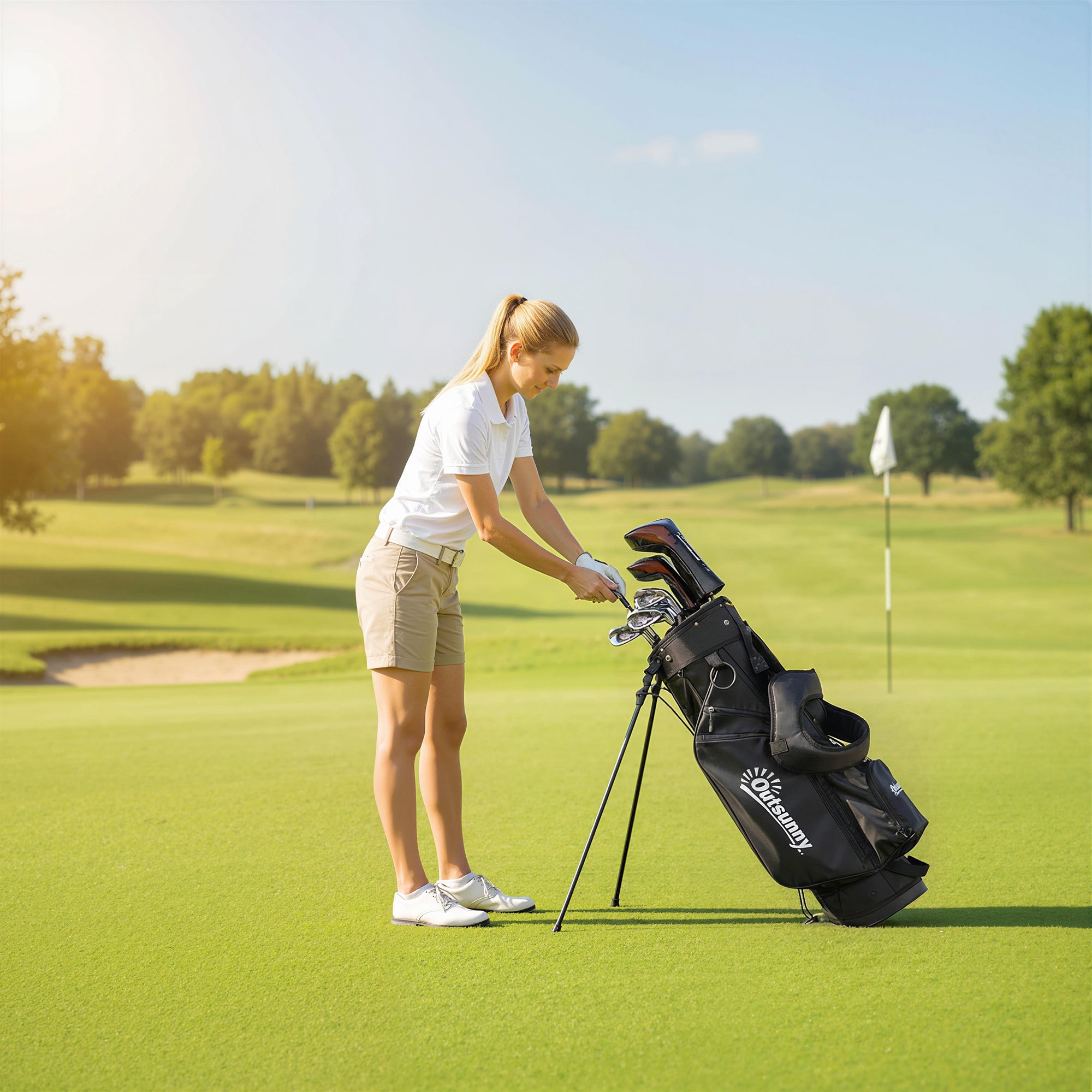 Outsunny Golf Stand Bag 6 Way Full-Length Dividers, Waterproof Golf Bag with 5 Pockets, Grey 