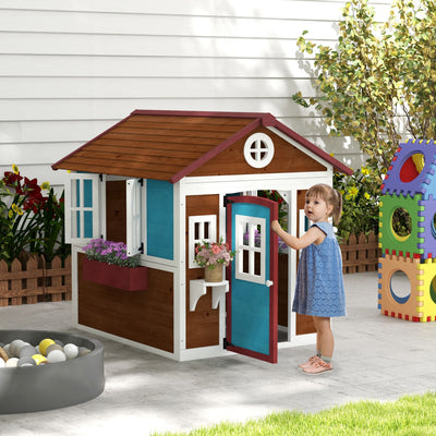 Outsunny Wooden Playhouse with Doors, Windows, Plant Pots, Boxes, for 3-8 Years - Dark Brown 