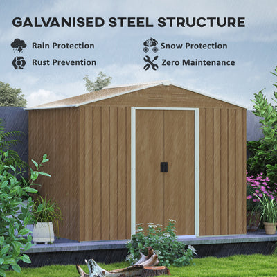 Outsunny 8 x 6ft Outdoor Garden Storage Shed, Metal Tool House with Ventilation and Sliding Doors Chocolate Wood Effect 