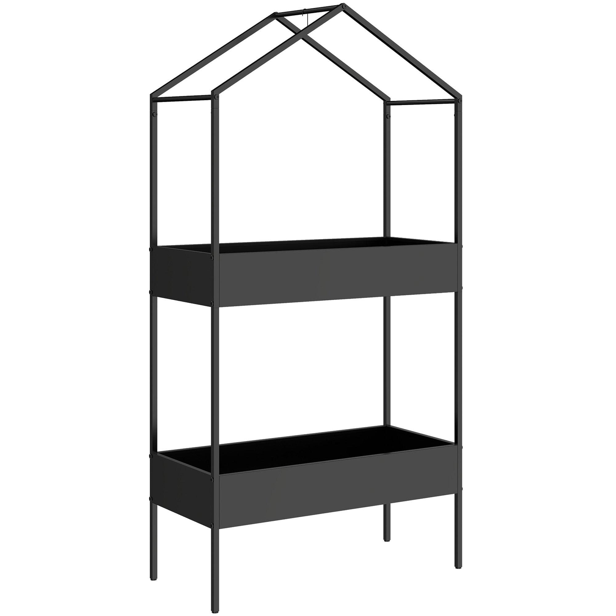Outsunny 2 Tier Plant Stand, Outdoor Indoor Metal Plant Stand with Hook, House-Shaped Pots Holder Display Rack, Black 