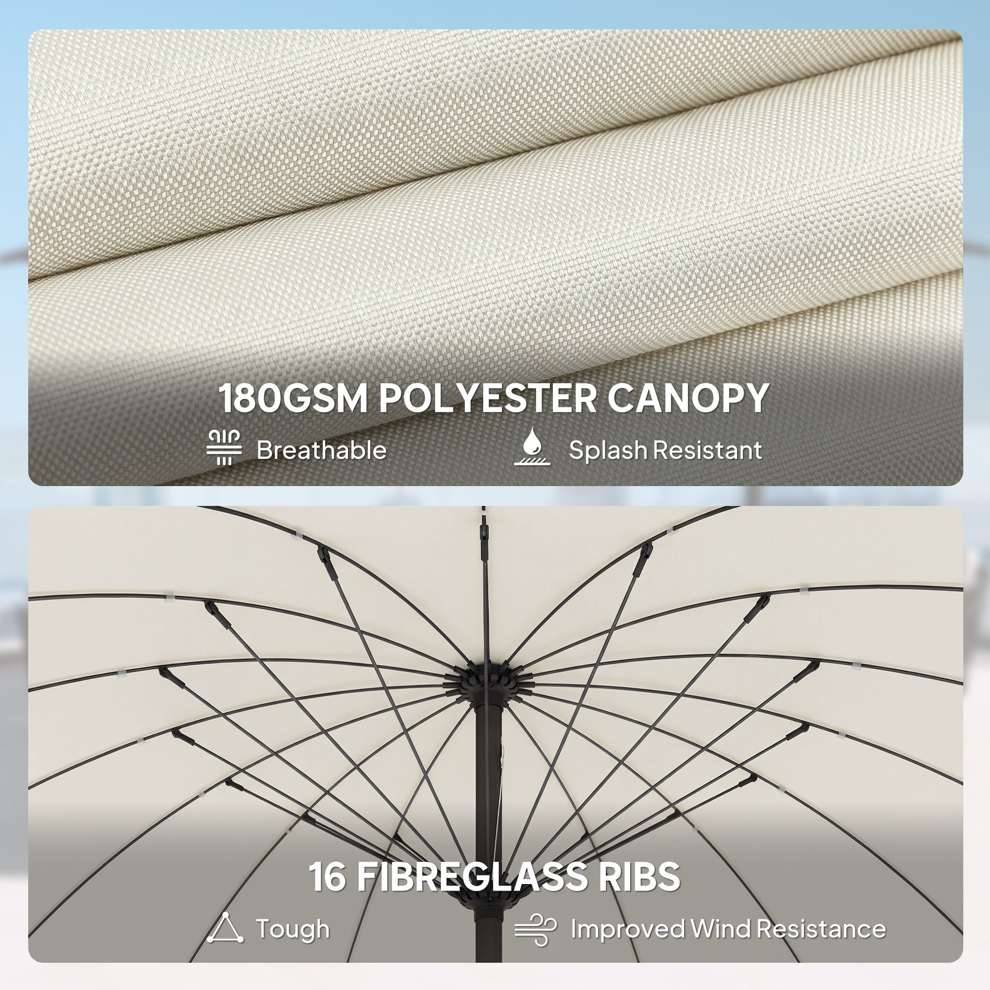 Outsunny 2 m Shanghai Garden Parasol Umbrella with 16 Fibreglass Ribs, Outdoor Parasol Sun Shade with Crank & Tilt, Cream White 