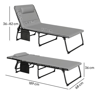 Outsunny Folding Sun Loungers Set of 2, Recliner Garden Chairs with Quick Drying Pad Headrest Side Pocket, Garden Sun Loungers for Beach Pool, Light Grey 