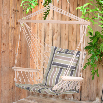Outsunny Garden Outdoor Hanging Hammock Chair Thick Rope Frame Wooden Arms Safe Wide Seat Garden Outdoor Spot Stylish Multicoloured stripes 