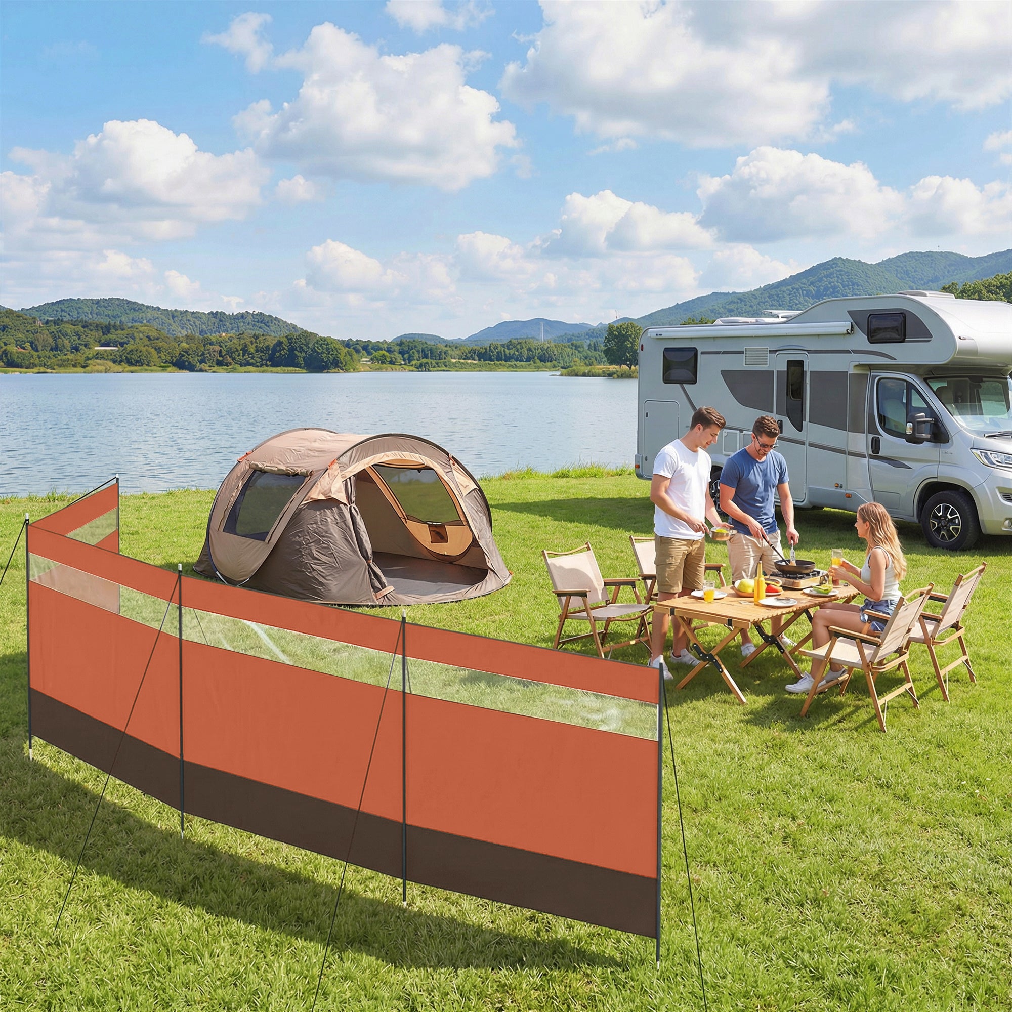 Outsunny Camping Windbreaker with Clear Windows, Carry Bag and Steel Poles, for Beach Caravan Campervan, 725 x 140cm, Orange 