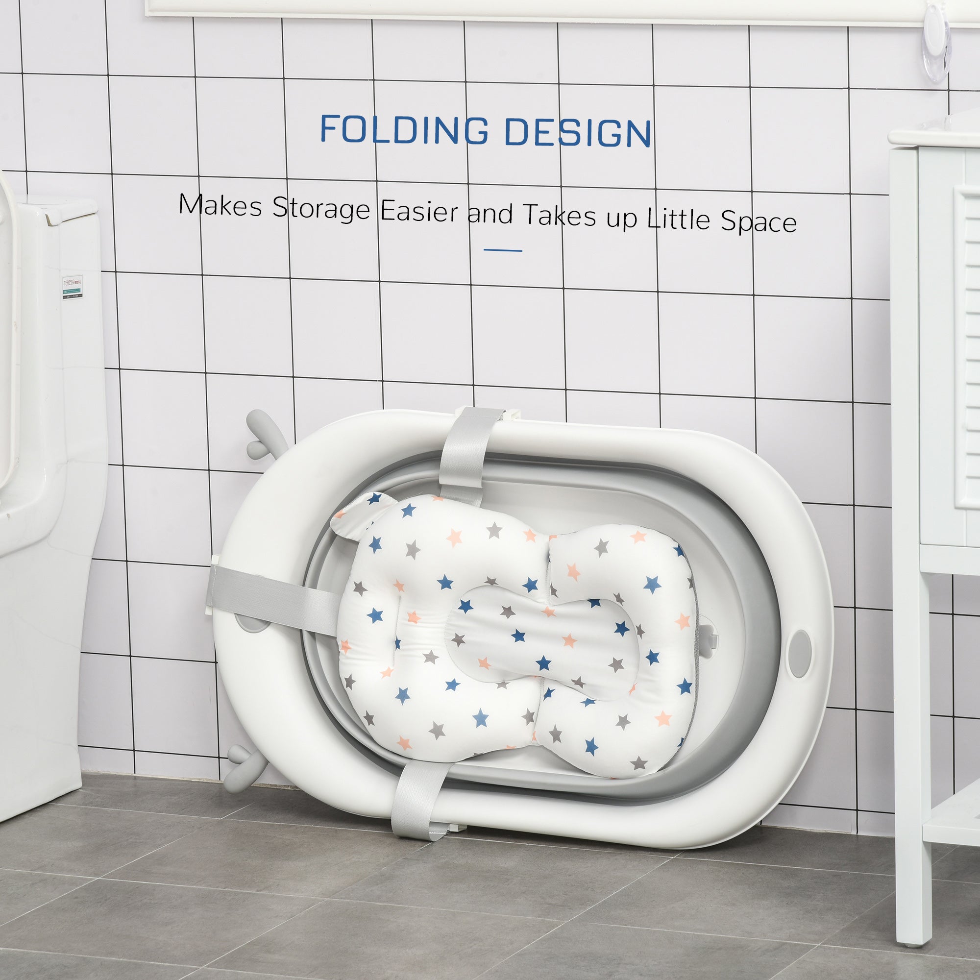 HOMCOM Foldable Baby Bathtub Set, Collapsible Bath Tub with Thermostatic Water Plug, Non-Slip Support, Cushion Pad, Drain Plugs, for Newborn to 3 Years - Offwhite 
