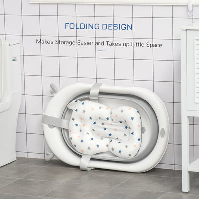 HOMCOM Foldable Baby Bathtub Set, Collapsible Bath Tub with Thermostatic Water Plug, Non-Slip Support, Cushion Pad, Drain Plugs, for Newborn to 3 Years - Offwhite 