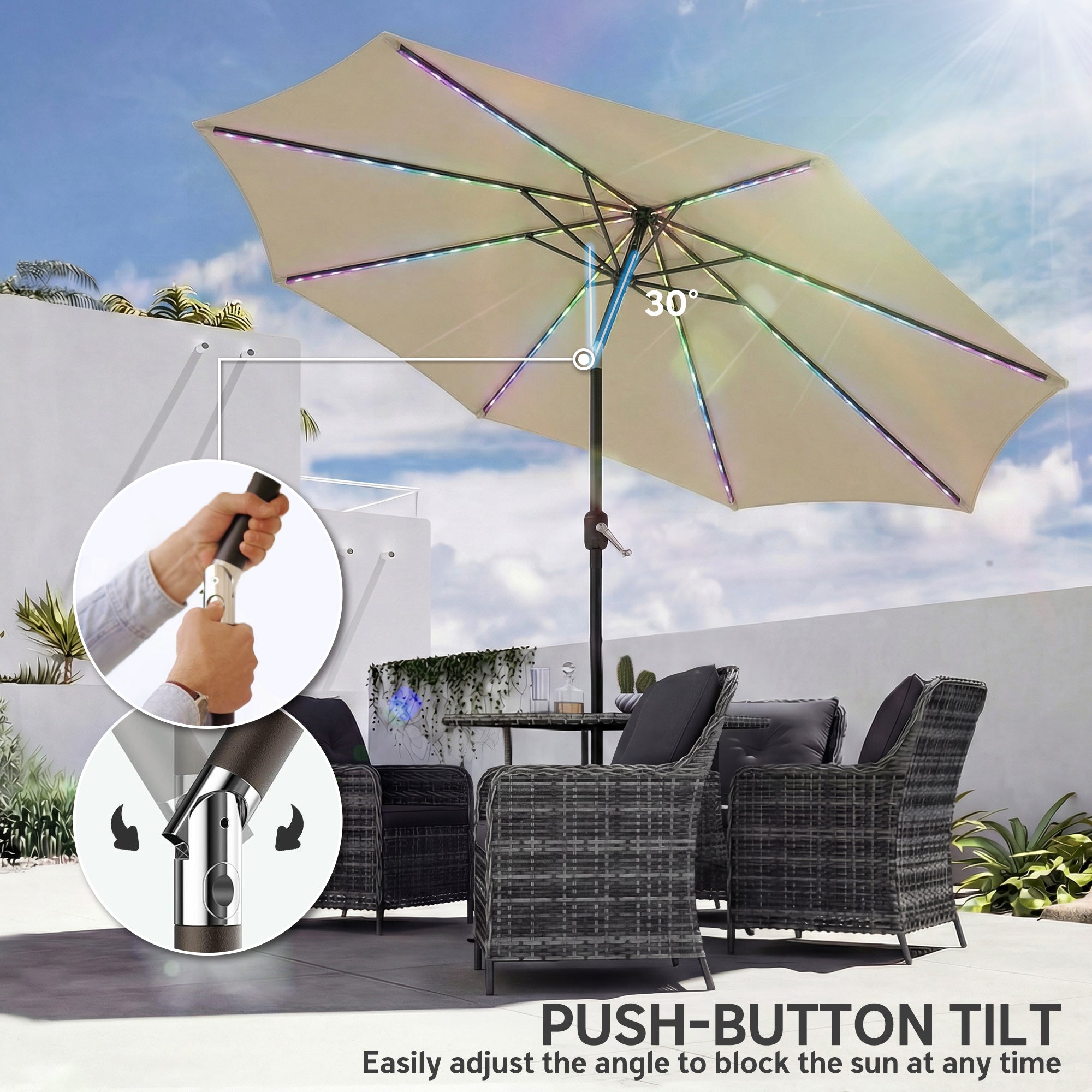 Outsunny 3 m Garden Parasol Umbrella with 112 Solar Powered LED Lights, Patio Umbrella with Crank Handle, Beige 