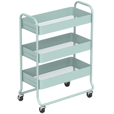 HOMCOM 3-Tier Storage Trolley on Wheels, Rolling Utility Cart with Mesh Backets for Kitchen, Bathroom, Bedroom, Light Green 