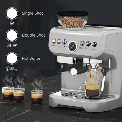 HOMCOM 15 Bar Coffee Machine, with Adjustable Grind, Steamer and Accessories - Silver Colour 
