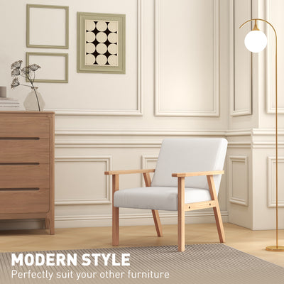HOMCOM Accent Chair Wood Frame with Thick Linen Cushions Wide Seat Armchair Home Furniture Bedroom Office Cream White 