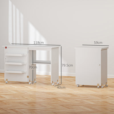 HOMCOM Folding Sewing Table, Drop Leaf Craft Table with Storage Bins, Open Shelf and Wheels, Rolling Sewing Machine Cabinet Computer Desk for Small Space, White 
