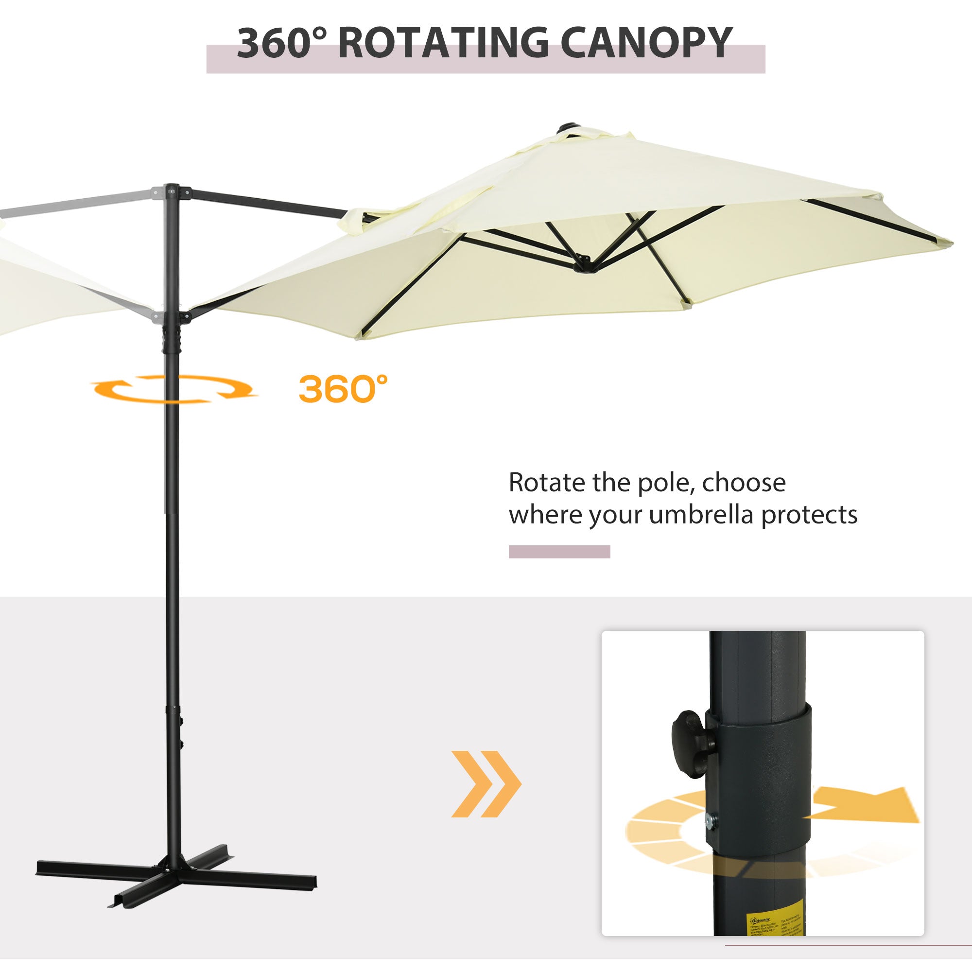 Outsunny 2.5M Garden Cantilever Parasol, Offset Roma Patio Umbrella Hanging Sun Shade Canopy Shelter with 360\'c2\'b0 Rotation and Cross Base, Beige