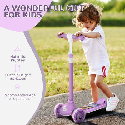 AIYAPLAY Kids 3 Wheel Scooter for 2-6 Years Old w/ Adjustable Height, LED Light, TPE Handlebar, Purple 