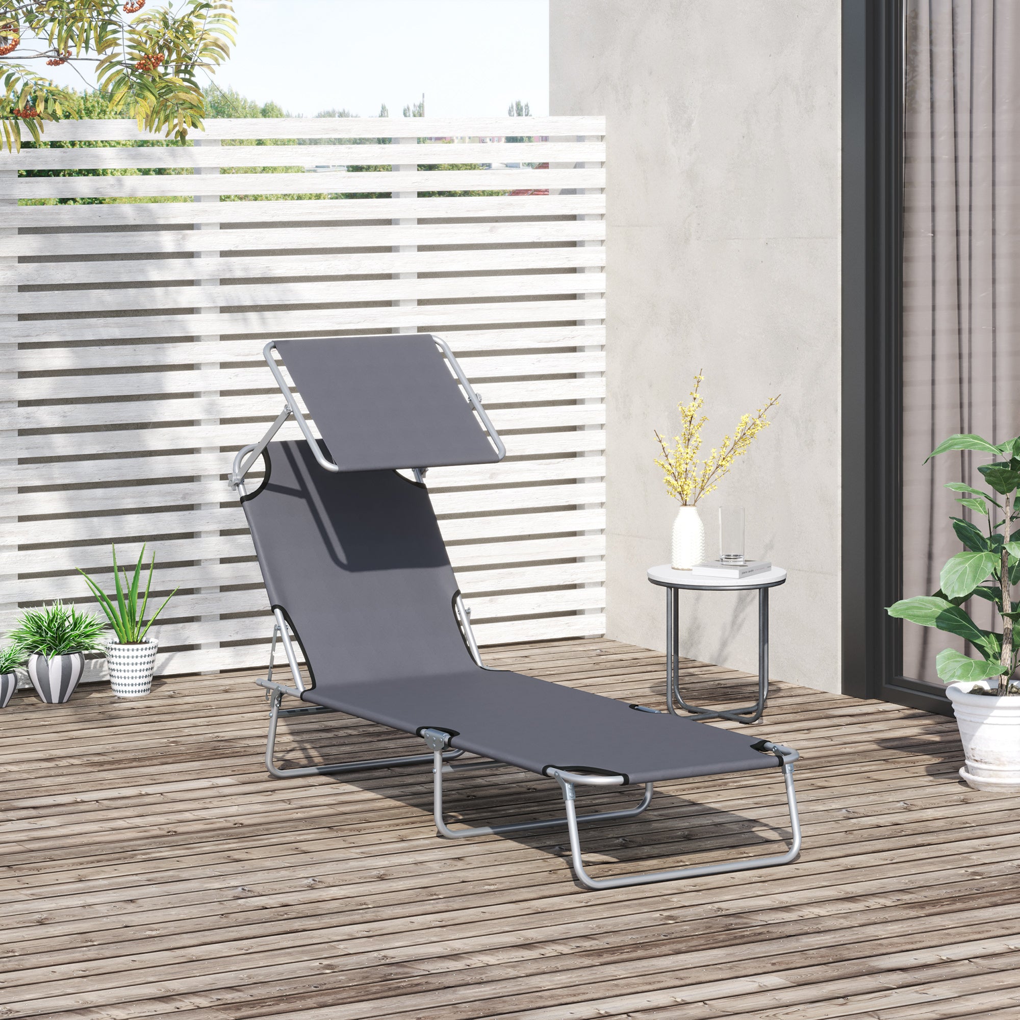 Outsunny Outdoor Foldable Sun Lounger, 4 Level Adjustable Backrest Reclining Sun Lounger Chair with Angle Adjust Sun Shade Awning for Beach, Garden, Patio, Grey 