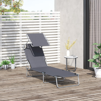 Outsunny Outdoor Foldable Sun Lounger, 4 Level Adjustable Backrest Reclining Sun Lounger Chair with Angle Adjust Sun Shade Awning for Beach, Garden, Patio, Grey 