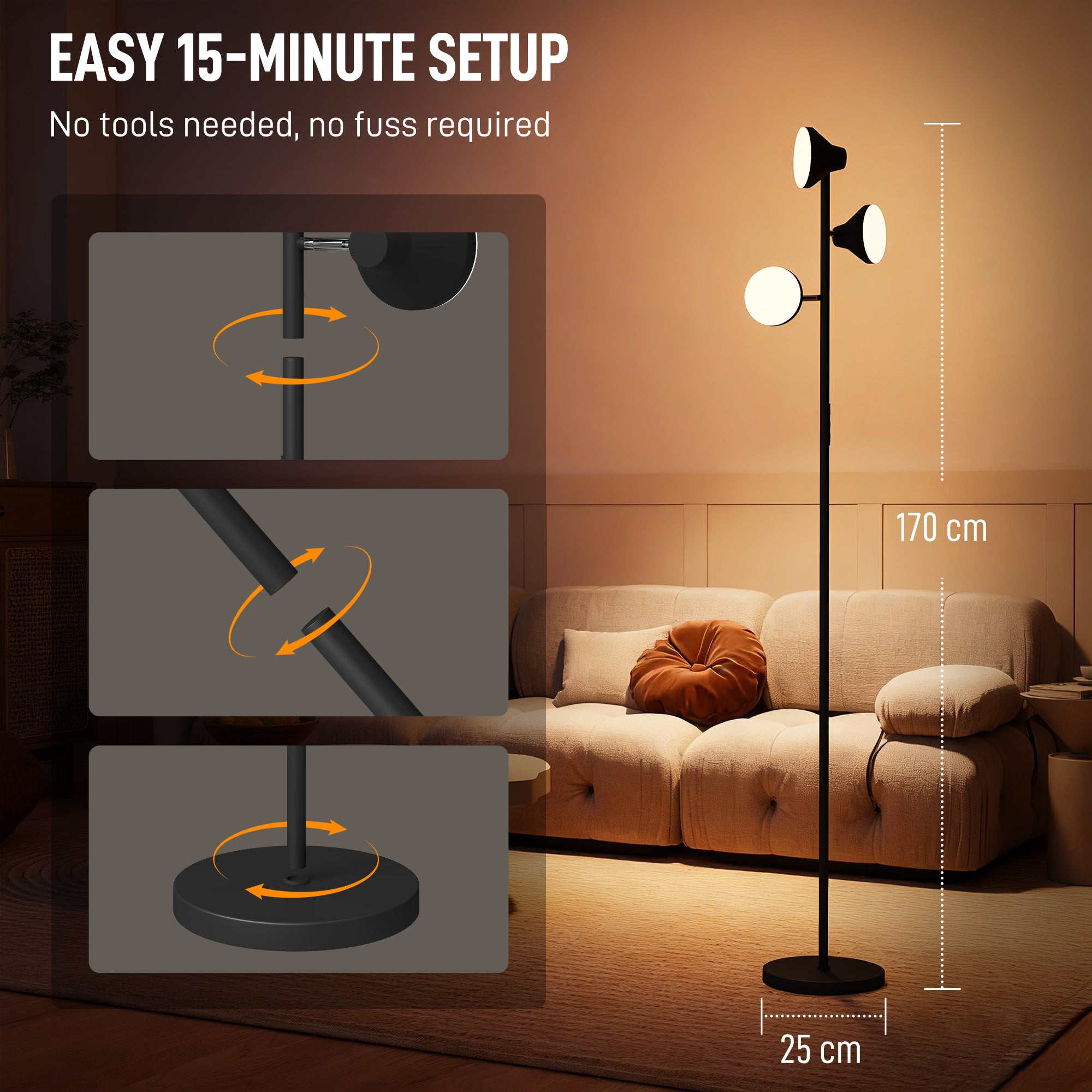 HOMCOM Three-Lamp Multi-Adjustable Floor Light - Black 
