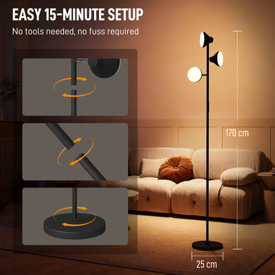 HOMCOM Three-Lamp Multi-Adjustable Floor Light - Black 