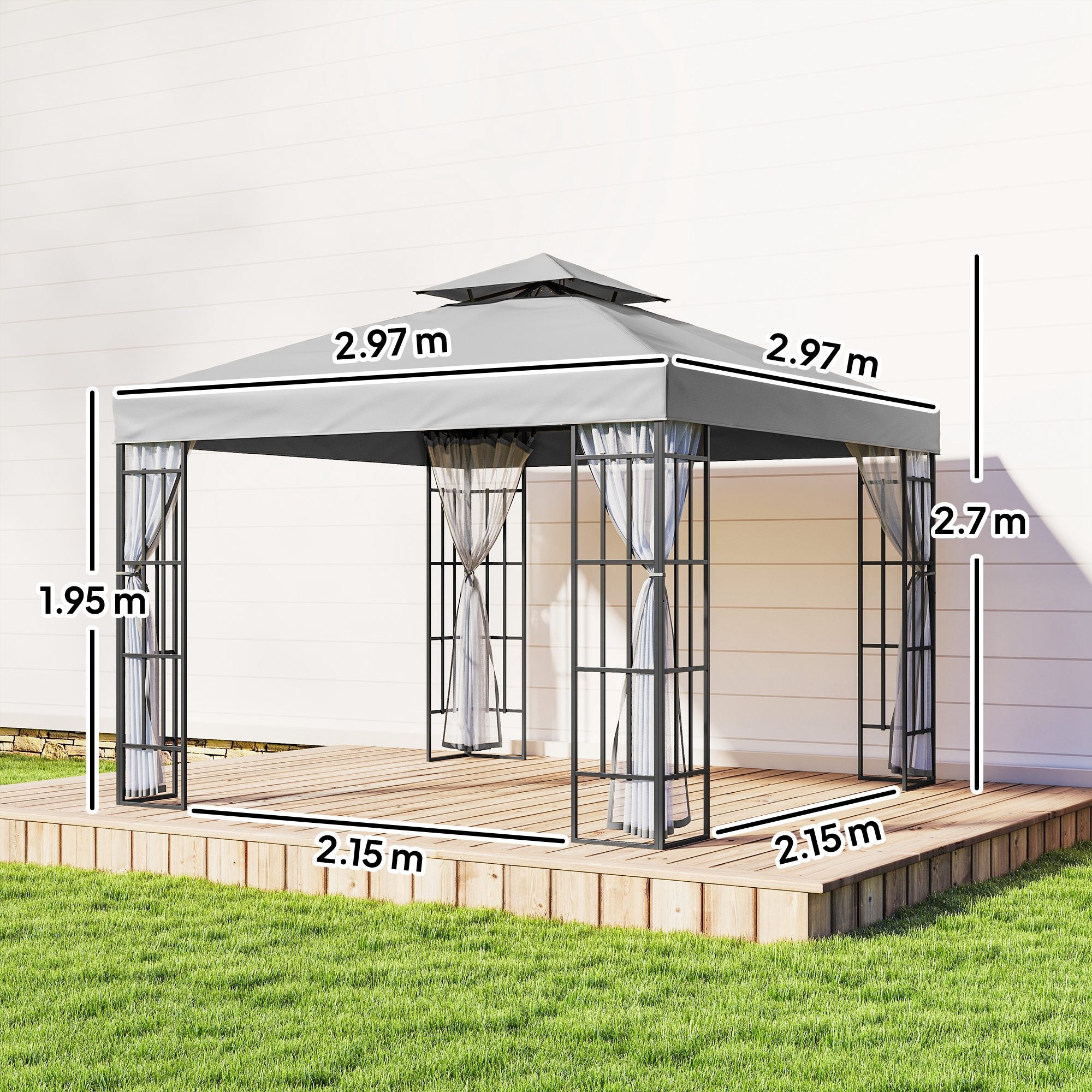 Outsunny 3 x 3(m) Patio Gazebo Canopy Garden Pavilion Tent Shelter with 2 Tier Roof and Mosquito Netting, Light Grey 