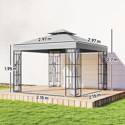 Outsunny 3 x 3(m) Patio Gazebo Canopy Garden Pavilion Tent Shelter with 2 Tier Roof and Mosquito Netting, Light Grey 