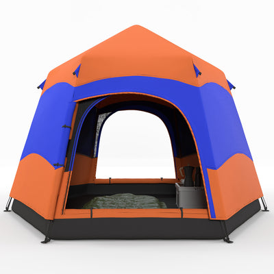 Outsunny Six Man Hexagon Camping Tent with Hang Hook and Carry Bag - Orange and Blue 