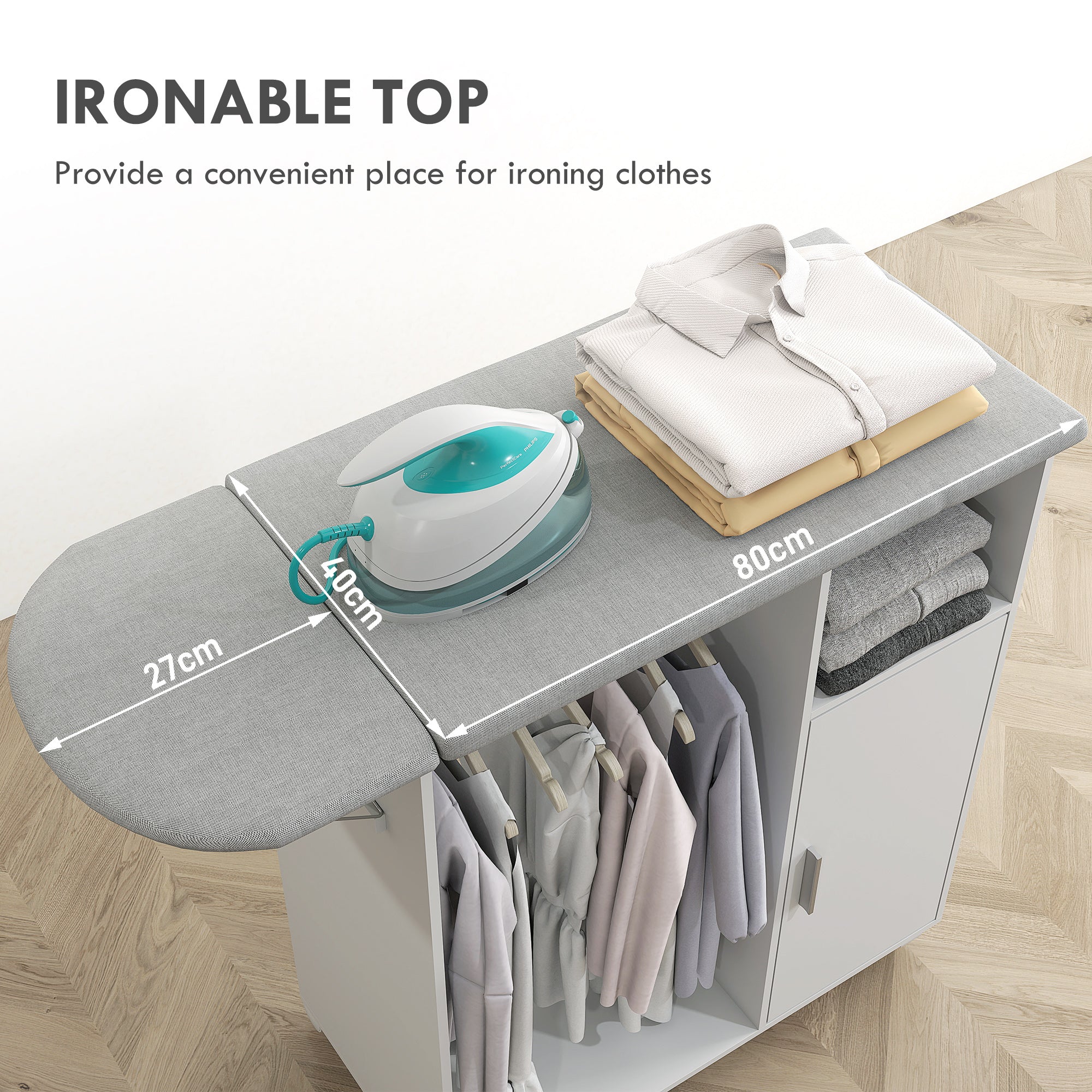 HOMCOM Rolling Ironing Board Cabinet, Foldable Ironing Station with Storage, Wheels for Home, Laundry Room, White 