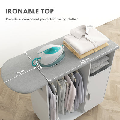 HOMCOM Rolling Ironing Board Cabinet, Foldable Ironing Station with Storage, Wheels for Home, Laundry Room, White 