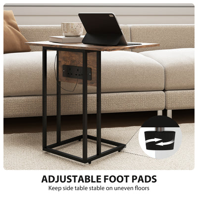 HOMCOM C Shaped Side Table with Charging Station and Foldable Top - Rustic Brown 
