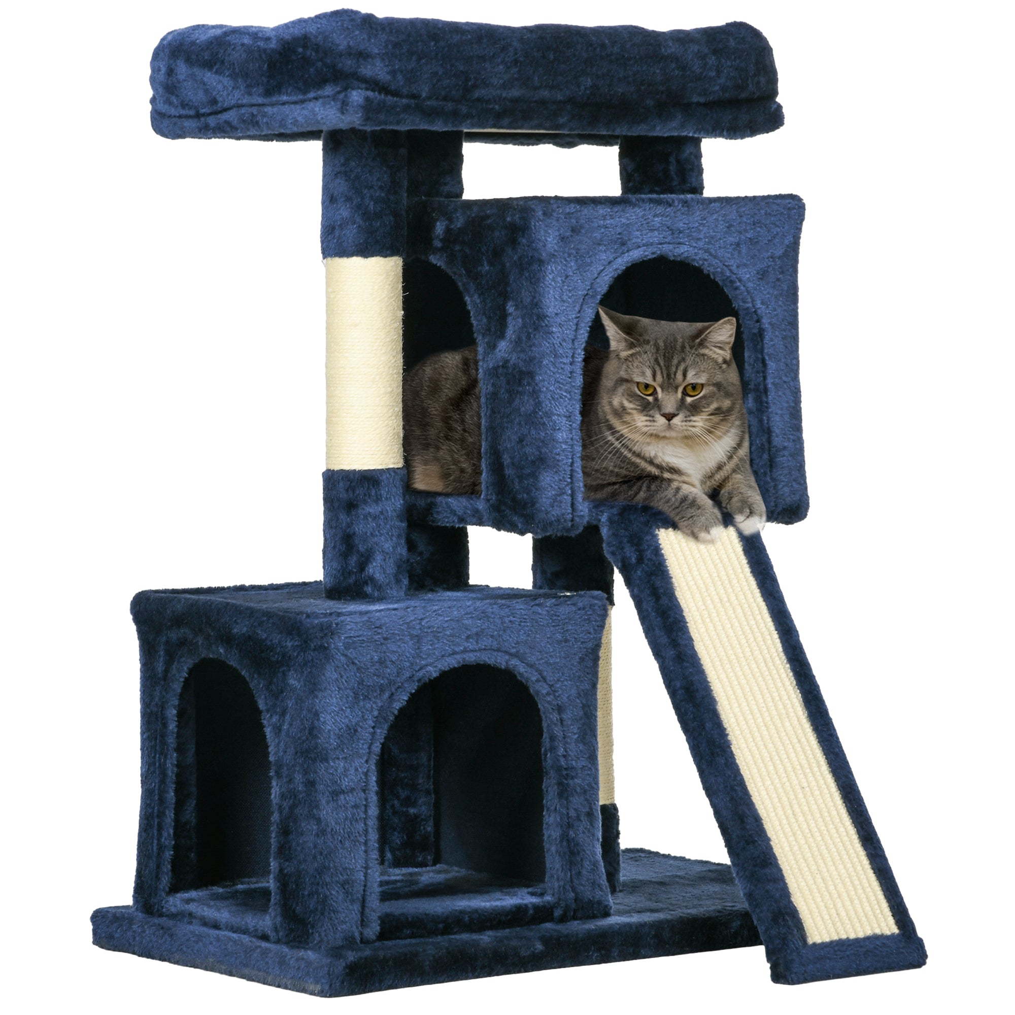 PawHut Sisal Cat Rest & Play Activity Tree w/ 2 House Navy Blue 