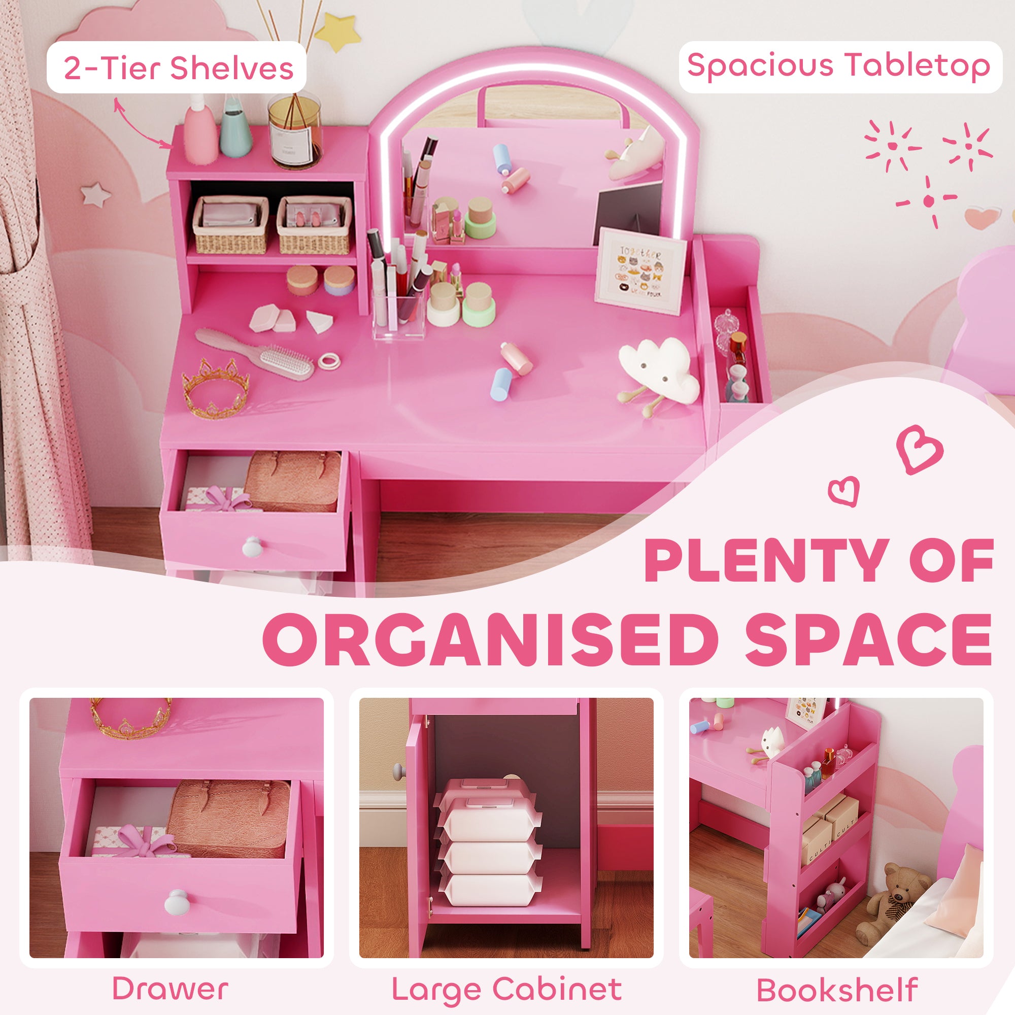 AIYAPLAY Kids Vanity Table and Chair Set, Girls Dressing Table with 2-Colour LED Mirror, Stool, Cabinet, Drawer, Shelves, Pink 