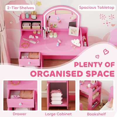 AIYAPLAY Kids Vanity Table and Chair Set, Girls Dressing Table with 2-Colour LED Mirror, Stool, Cabinet, Drawer, Shelves, Pink 