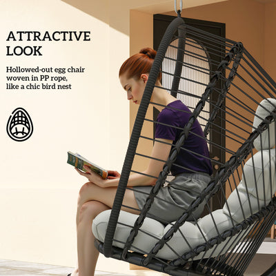 Outsunny Outdoor PE Rattan Swing Chair with Cushion, Garden Foldable Basket Patio Hanging Egg Chair with Metal Stand, Headrest, for Indoor and Outdoor, Black 