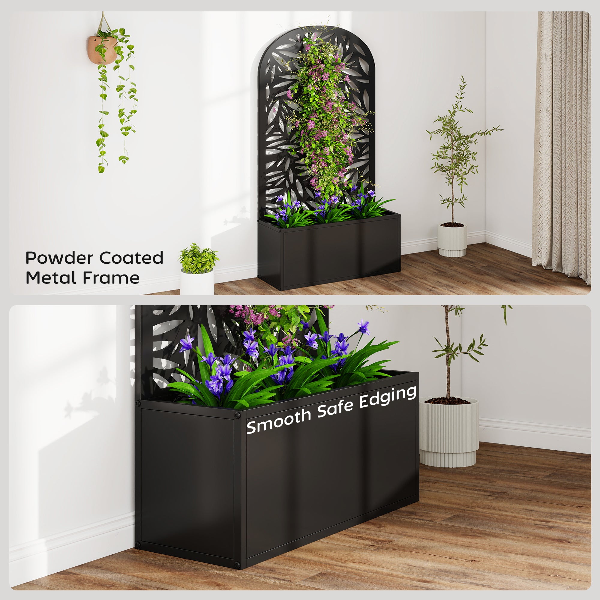 Outsunny Metal Garden Bed for Garden with Trellis, Wall Mounted or Freestanding Raised Planter with Curved Privacy Screen 