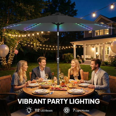 Outsunny 3 m Garden Parasol Umbrella with 112 Solar Powered LED Lights, Patio Umbrella with Crank Handle, Grey 