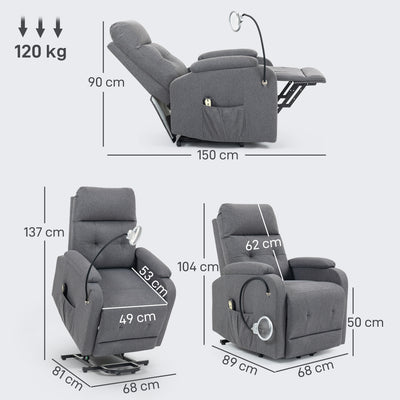HOMCOM Electric Rise/Recline Armchair, with Reading Light - Grey 