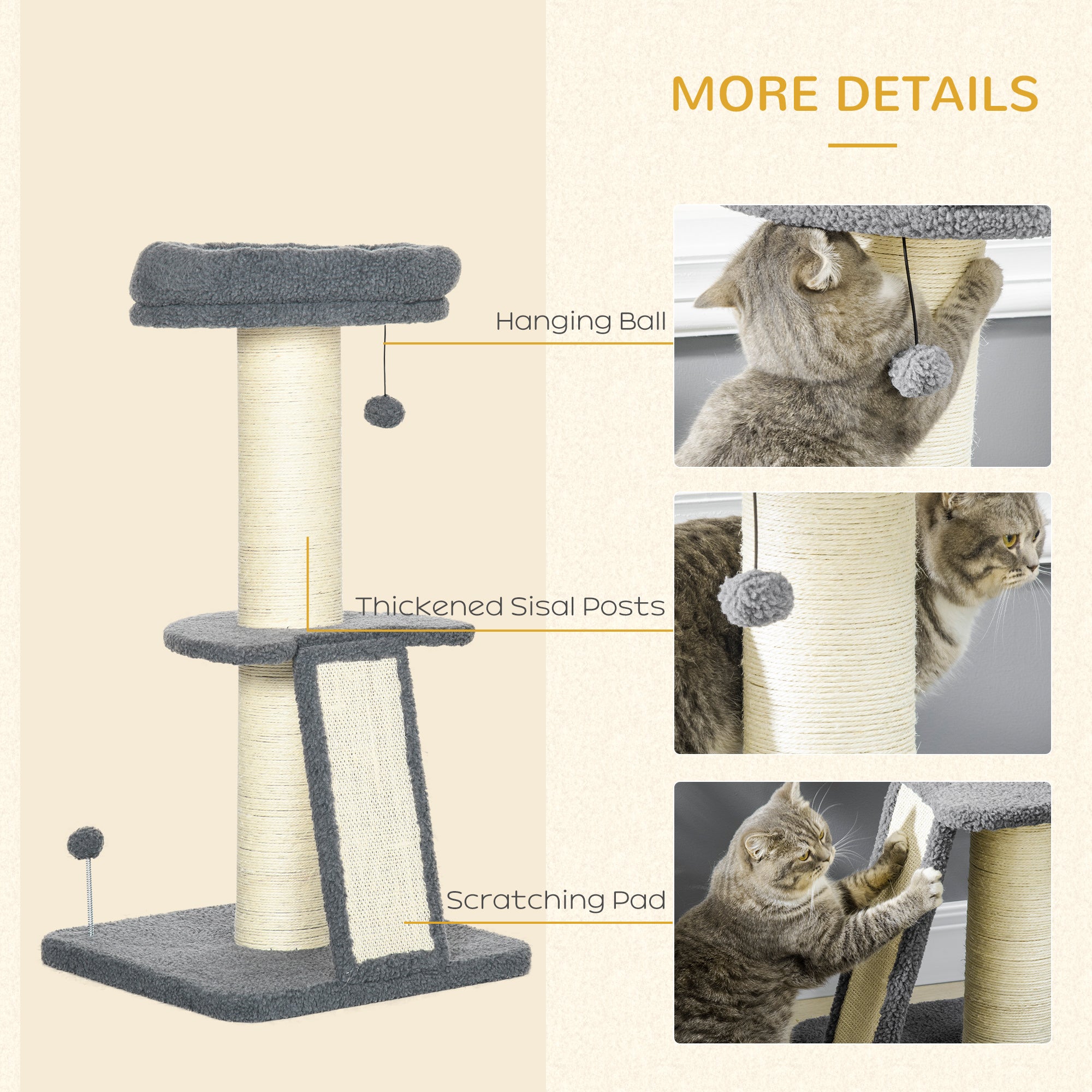 PawHut Cat Tree Tower with Scratching Posts, Pad, Bed, Toy Ball-Dark Grey 