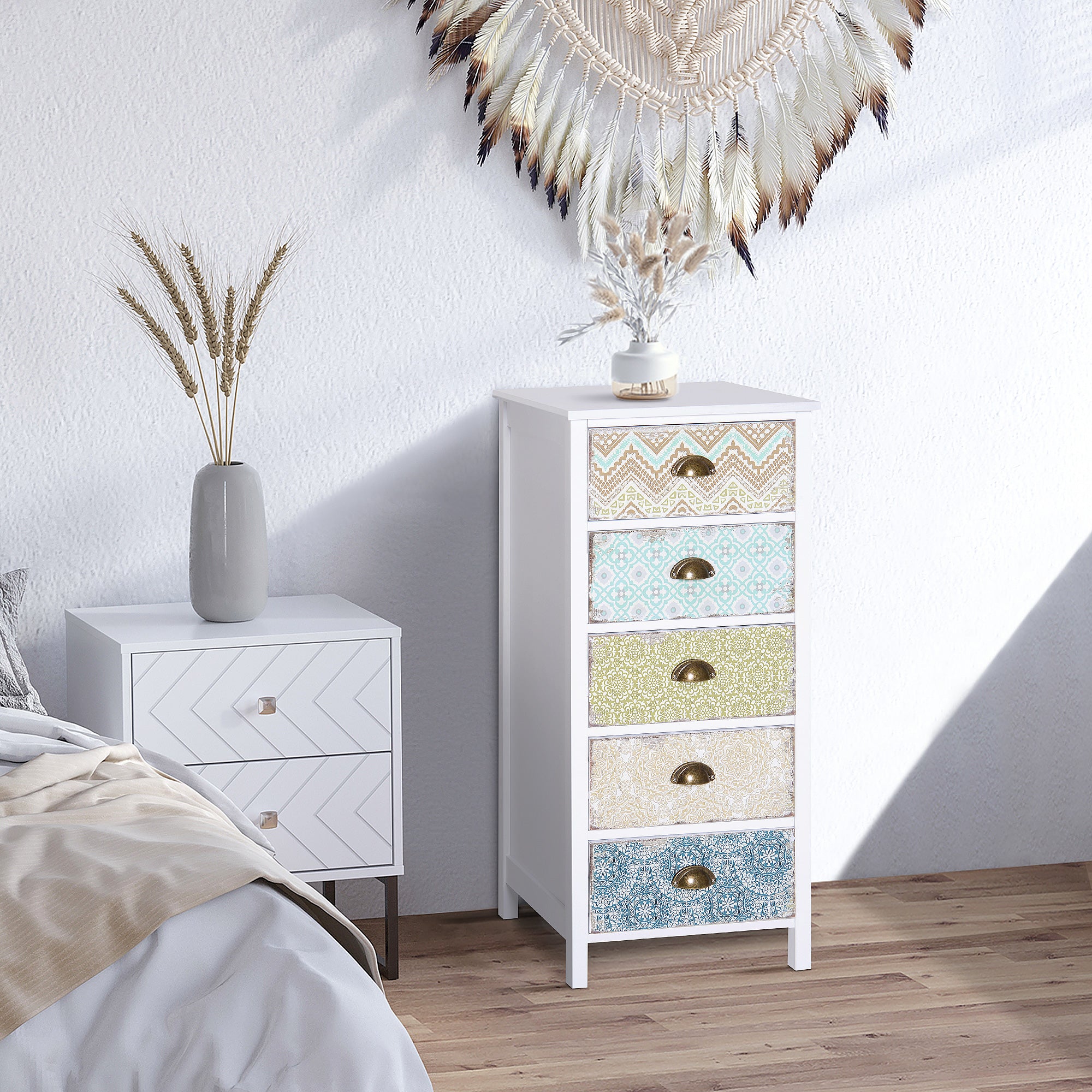HOMCOM Chest of 5 Drawers Bedside Cabinet Side Storage Chest Entryway Living Room Bedroom Furniture Organizer Unit 