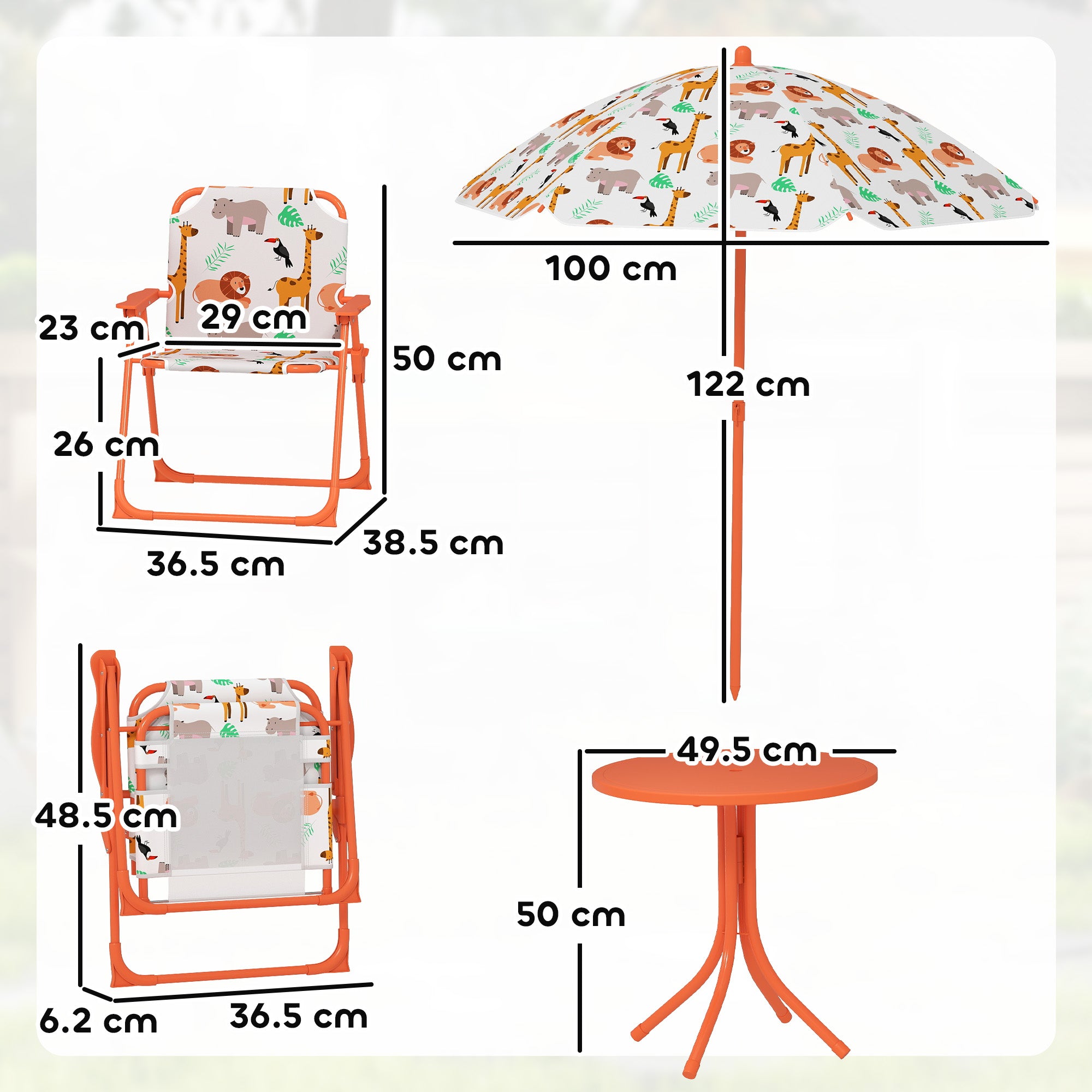 AIYAPLAY Kids Patio Set, Children Table and Chair Set, Outdoor Picnic Table with 2 Folding Chairs and Umbrella, Orange 