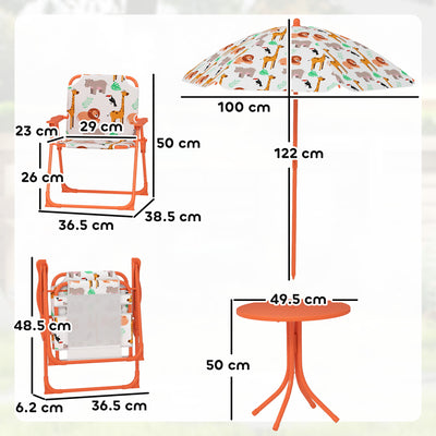 AIYAPLAY Kids Patio Set, Children Table and Chair Set, Outdoor Picnic Table with 2 Folding Chairs and Umbrella, Orange 