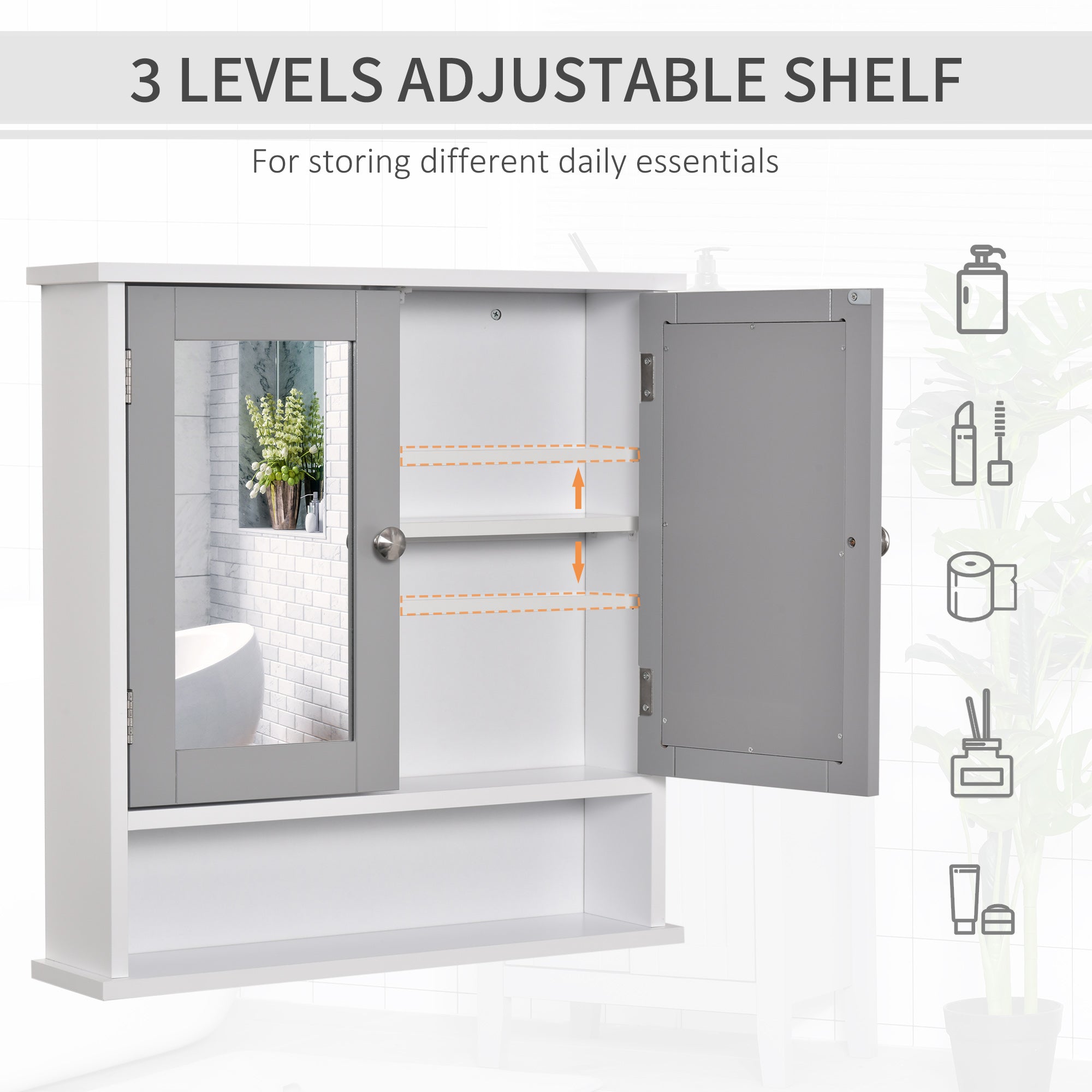 kleankin Mirror Cabinet Wall Mounted with Double Mirrored Doors, Hanging Cabinet with Cupboard and Shelf, Bathroom Wall Storage Organizer, Grey 