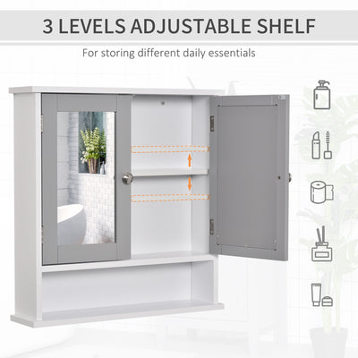 kleankin Mirror Cabinet Wall Mounted with Double Mirrored Doors, Hanging Cabinet with Cupboard and Shelf, Bathroom Wall Storage Organizer, Grey 